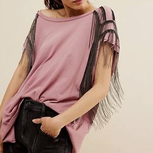 Free People x Tricia Fix Sleeves trimmed with black mesh and silver metal fringe